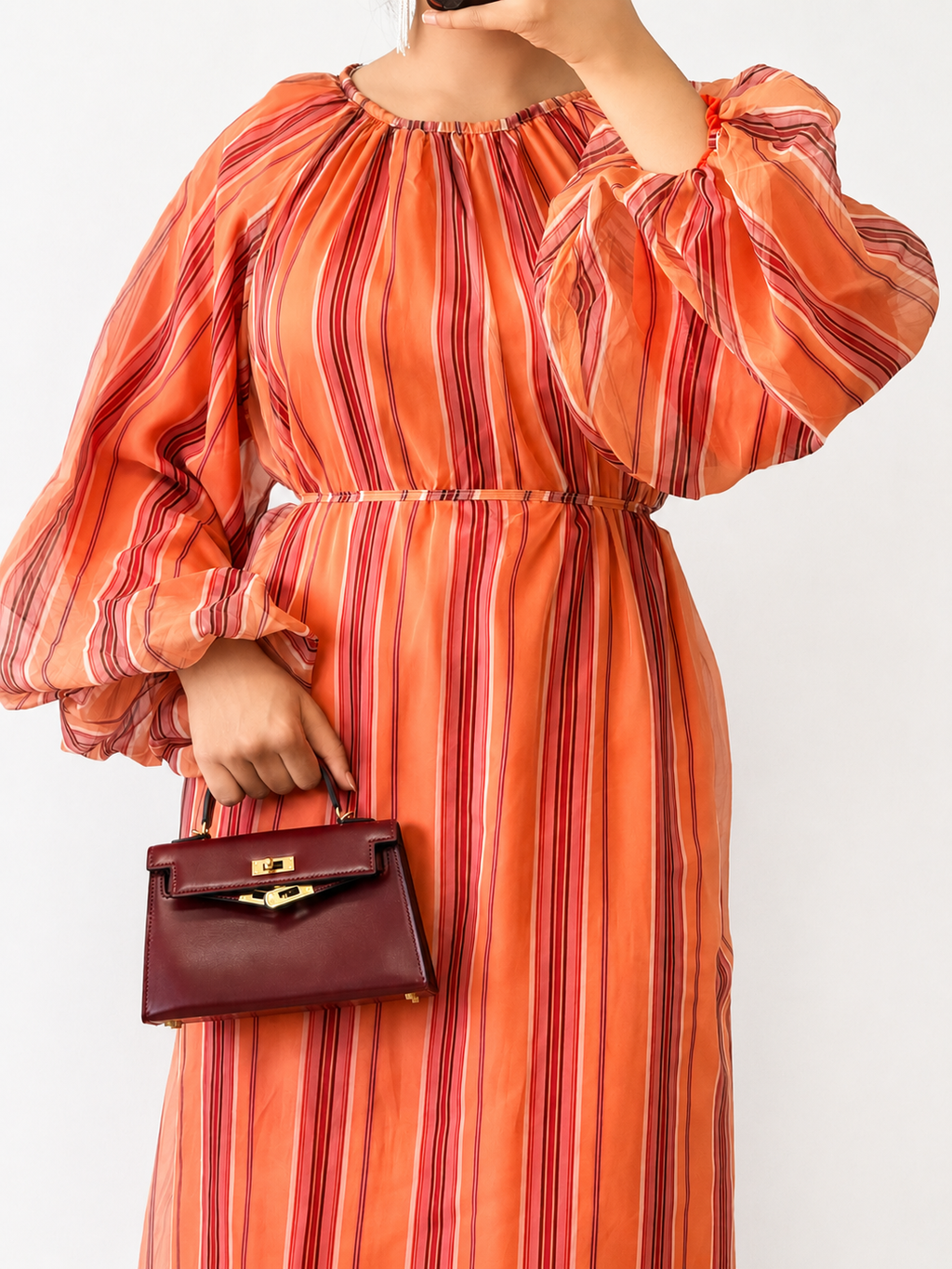 Gestreiftes Maxi-Kleid – Tencel, Ballonärmel, Creme | Modest Fashion