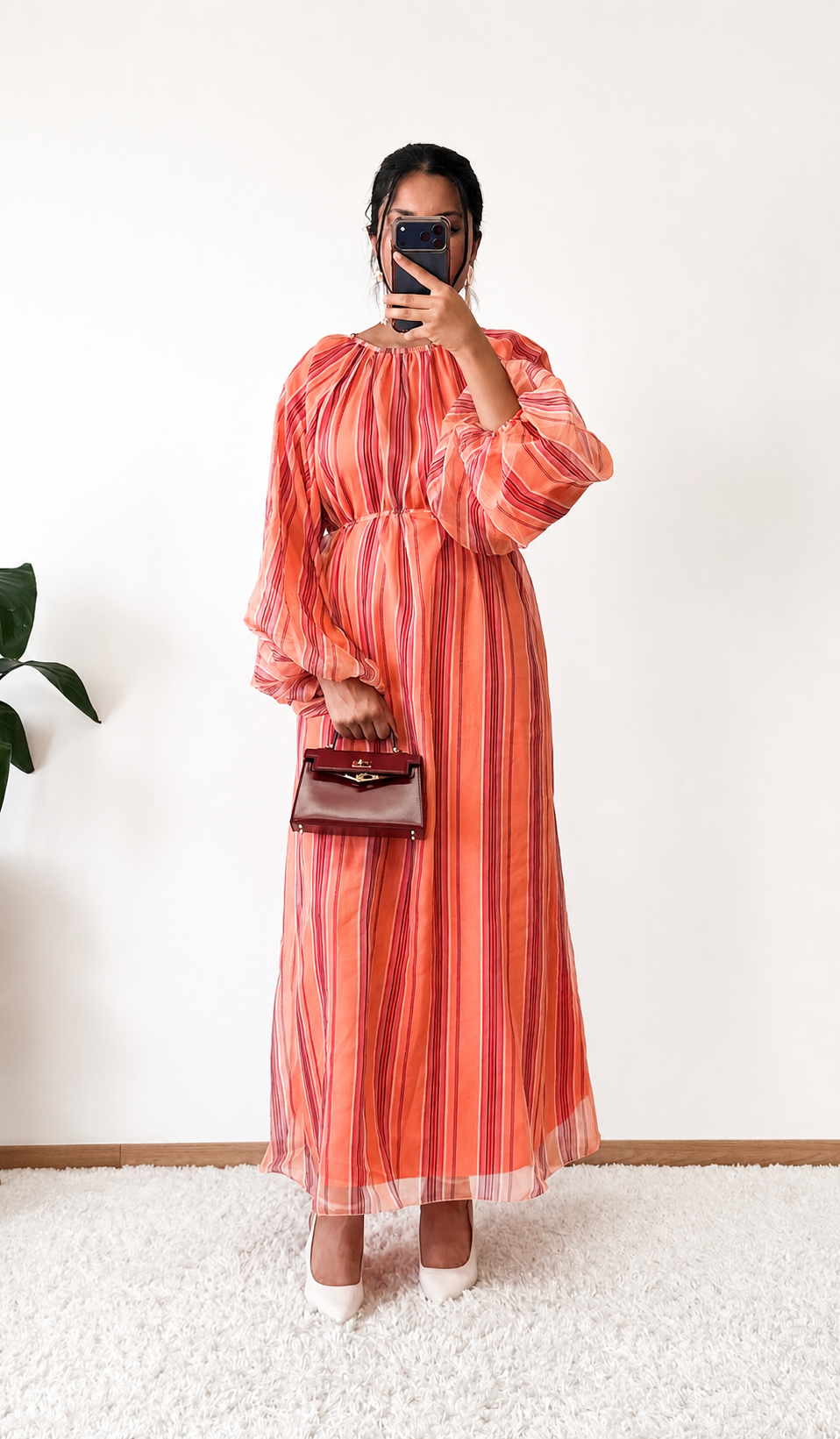 Gestreiftes Maxi-Kleid – Tencel, Ballonärmel, Creme | Modest Fashion