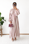 Gestreiftes Maxi-Kleid – Tencel, Ballonärmel, Creme | Modest Fashion